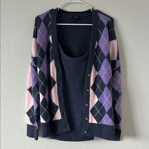 Torrid Blue and Purple Cardigan Sweater with Argyle Pattern